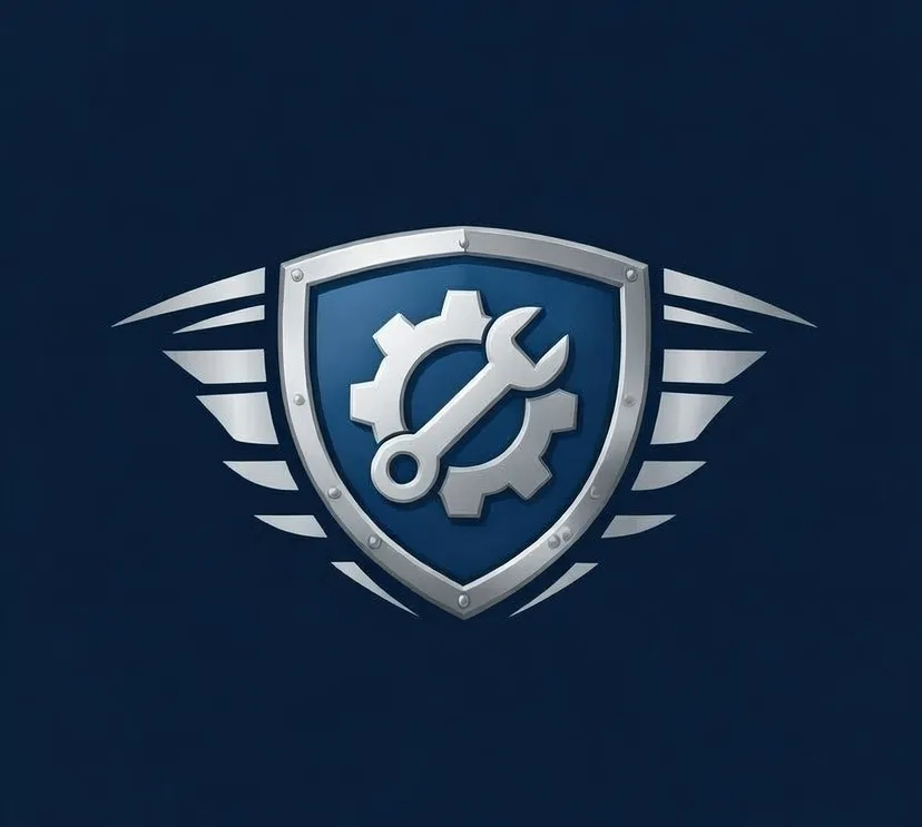 Guardian Equipment Repair Logo, Shield with a gear and wrench in the middle with Wings on the sides.